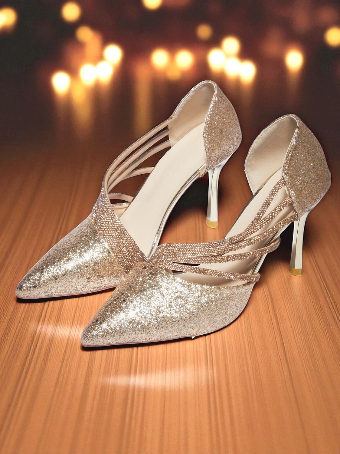 Scarpe da donna con tacco a spillo e punta a punta, glitterate dorate, con cinturino e tacco a spillo, per la vita notturna, i club e gli eventi serali del 2026 a $46.99 –P6