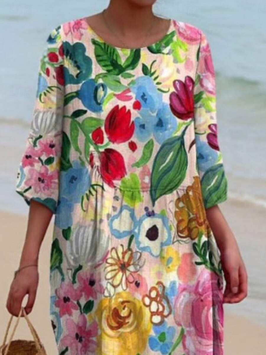Femmes Robe Midi Robe Décontractée Robe Imprimée Mode Moderne Quotidien Plage Week-end Coupe régulière Fleuri Manche 3/4 Col ras du cou Bleu Vert Été Printemps Automne de 2025 ? $31.99 –P1