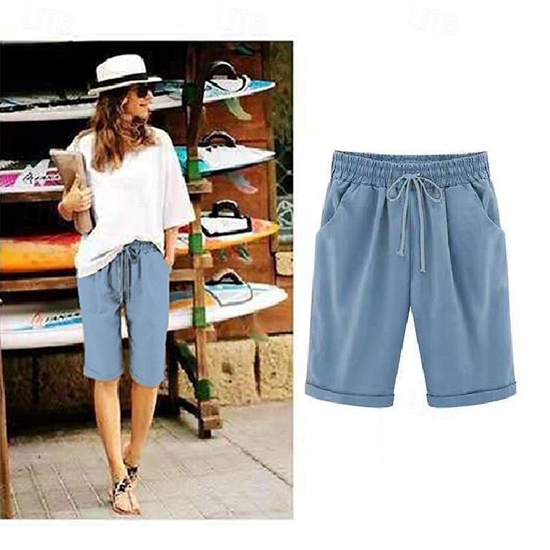 loungeshorts för kvinnor i ren färg elastisk midja med dragsko enkel avslappnad komfort hem daglig semester ventilerande ficka fempunktsbyxor 2025 - $17.99 –P5