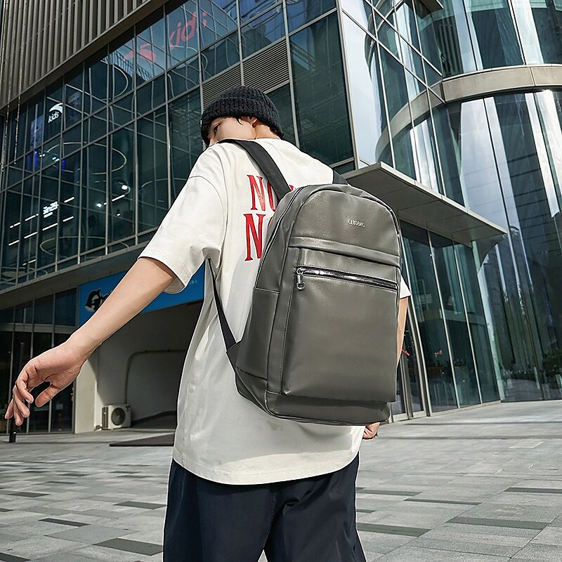 Grauer Kunstlederrucksack für Herren – minimalistische Laptoptasche mit Reißverschlusstasche vorne für Schule, Arbeit und den täglichen Weg zur Arbeit 2025 - $32.99 –P2