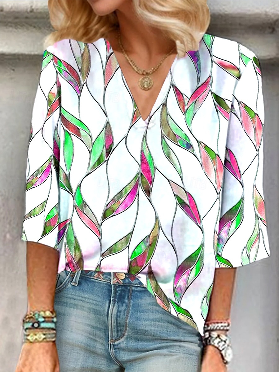 Dame Bluse Grafisk Planter Elegant Stilfull Fritid 3/4 ermer V-hals Vanlige topper Daglig Ut på byen Trykt mønster Lysegrønn Lilla Rose Rosa Sommer Vår Høst 2025 - $25.99 –P5