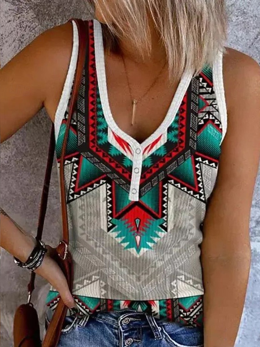 Per donna Canotta a canotta Grafico Blocco di colori Bohemien Elegante Retrò Vintage Senza Maniche Senza maniche Scollo a V Top corti Quotidiano Uscire Abbigliamento mare Stampato Nero Rosa Blu del 2025 a $17.99 –P7