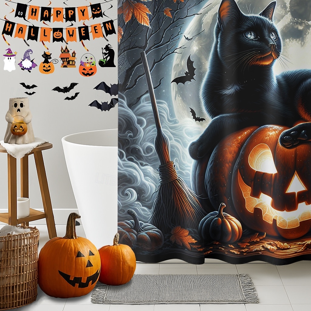 Halloweenský sprchový závěs s háčky, polyesterový, pratelný, voděodolný, vzorovaný, koupelnová vana, dekorace 2025 - $21.99 –P25
