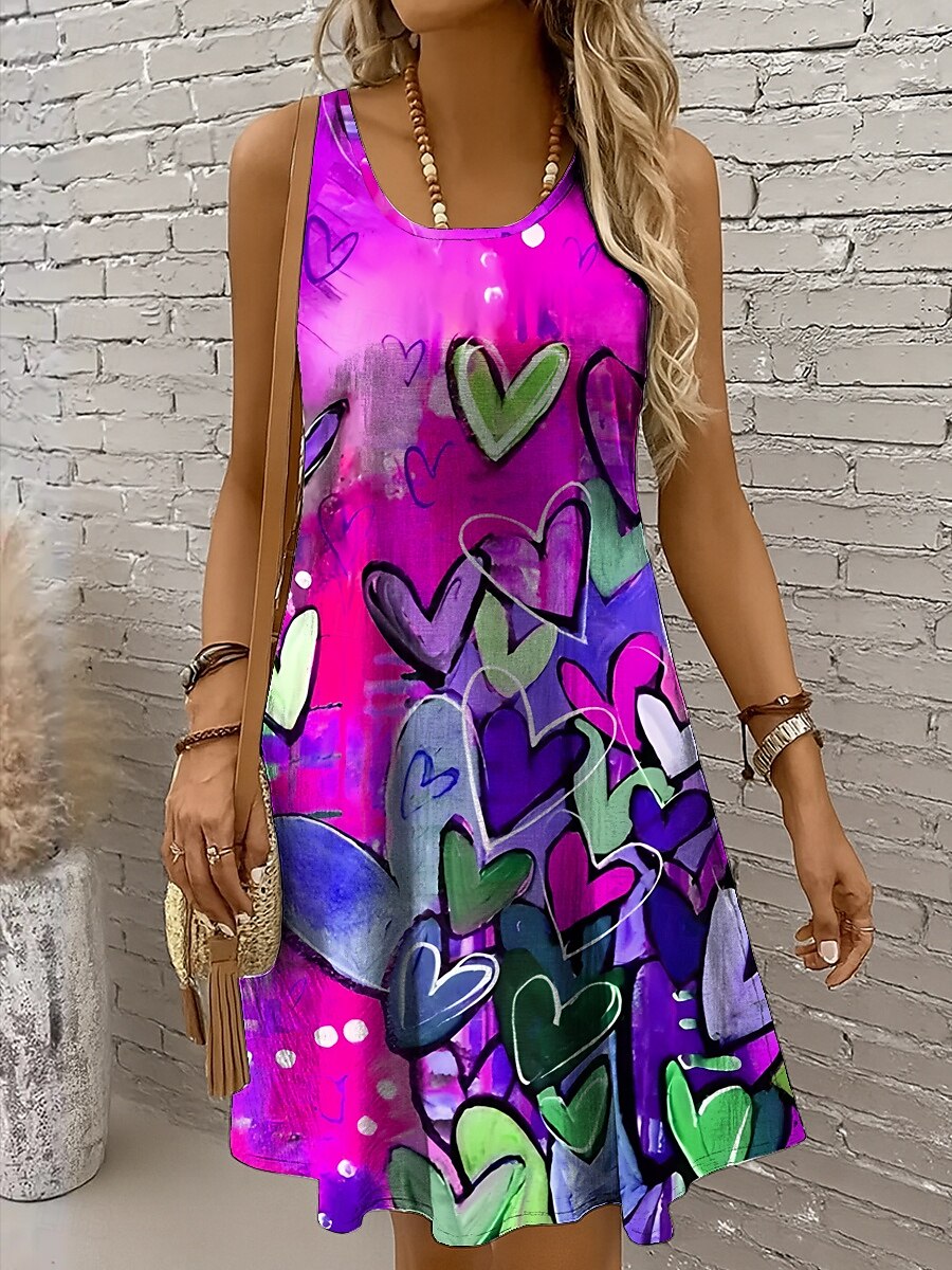 Damen Minikleid Sommerkleid A Linie Kleid Schulterfreies Kleid Urlaub Lässig Boho Ferien Strand Normale Passform Herz Grafik Ärmellos Rundhalsausschnitt Gelb Rote Blau Purpur Sommer Frühling 2025 - $21.99 –P5