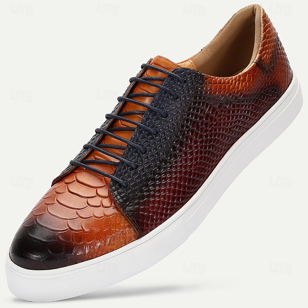 Herrsneakers i äkta läder med krokodilmönster – tonade orange snörskor för eleganta herrar, smart casual-looker och helgsammankomster 2025 - $84.99 –P1