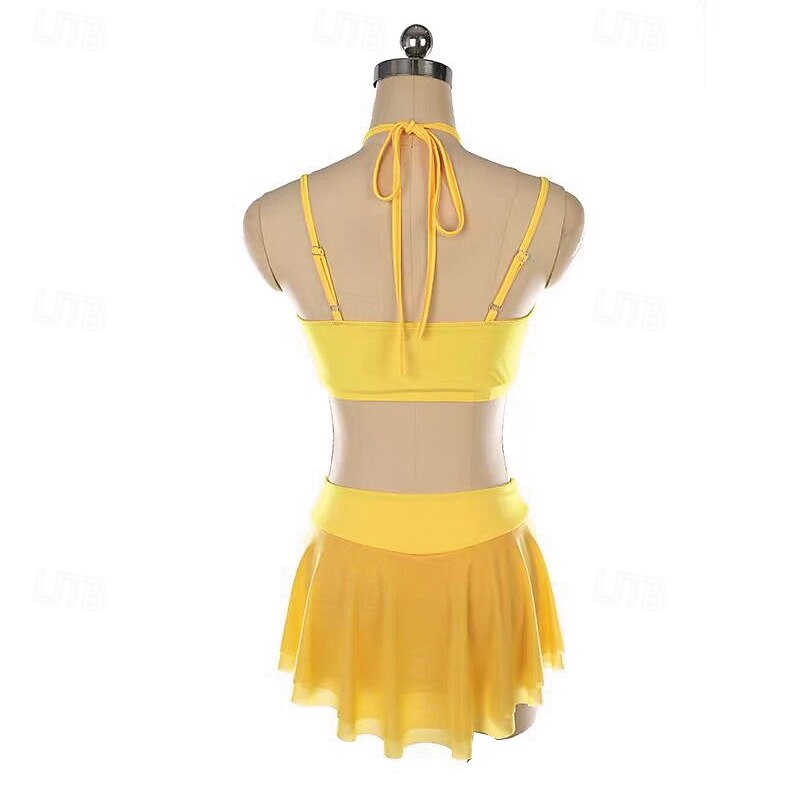 فستان التزلج الراقص نسائي للفتيات تزلج على الجليد الفساتين أصفر بقع فتح الظهر شبكة سباندكس قابل للبسط التدريب تمرين متخصص ملابس التزلج الدفء الكريستال / حجر الراين بدون كم 2025 - $220.29 –P2