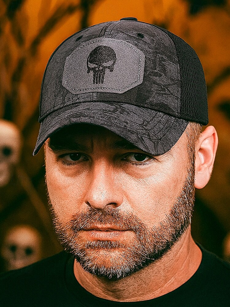 Taktische Baseballkappe mit Totenkopf-Stickerei für Herren – verstellbare Netzrückseite, Camouflage-Stil, lässige Outdoor-Sportmütze für Halloween-Partys und den Alltag 2025 - $11.99 –P1