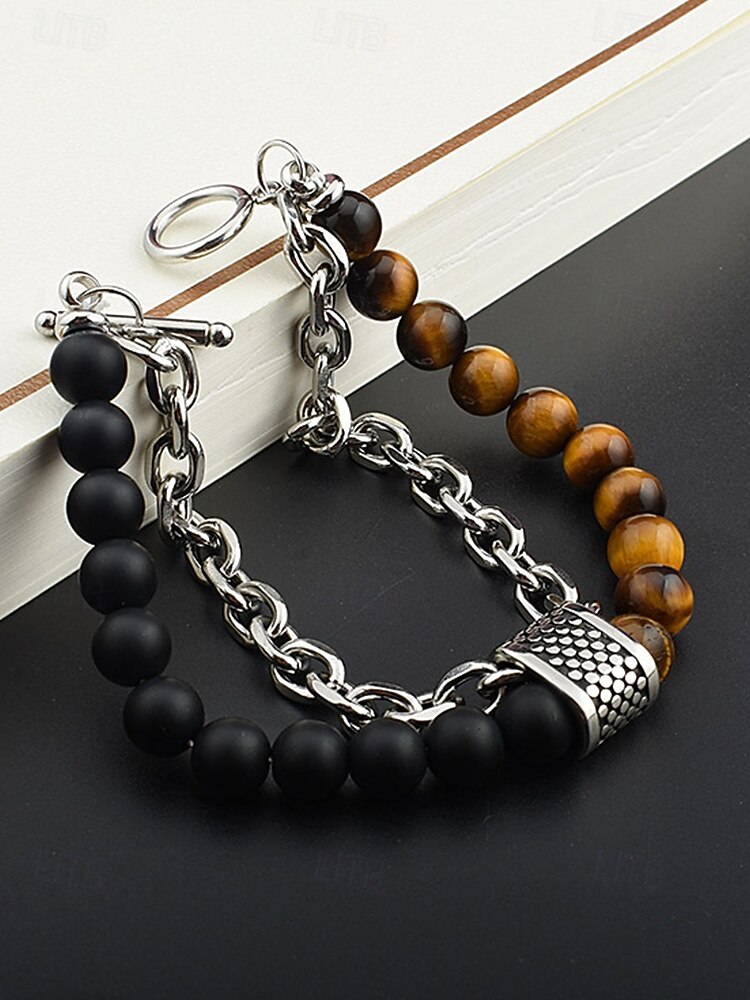 мужской браслет-цепочка из натуральных камней с бусинами – двухрядный регулируемый браслет с застежкой-тогл для повседневного, уличного и праздничного стиля 2025 - $9.99 –P6