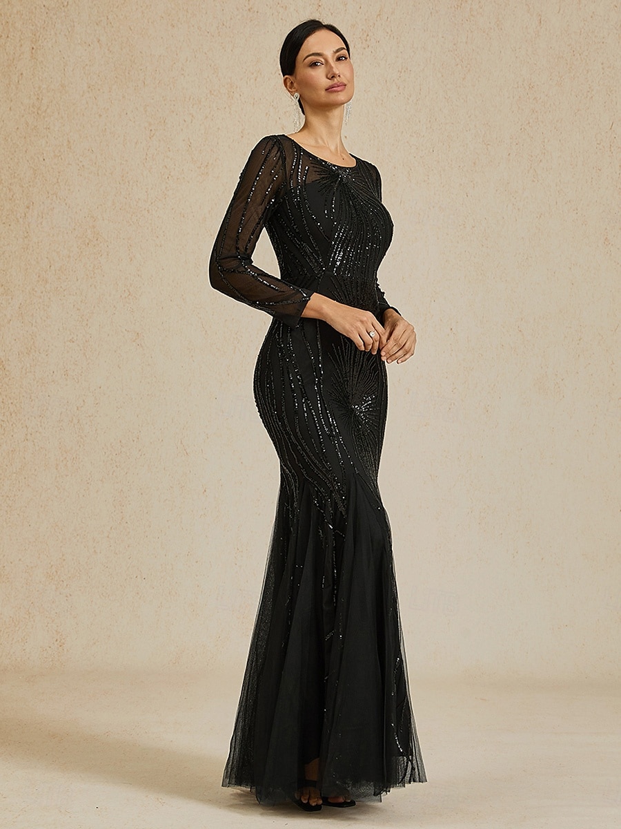 Damen Maxikleid Etui-Kleid Elegant Abendgesellschaft Normale Passform Einfarbig Langarm Rundhalsausschnitt Schwarz Herbst Winter 2025 - $171.99 –P6