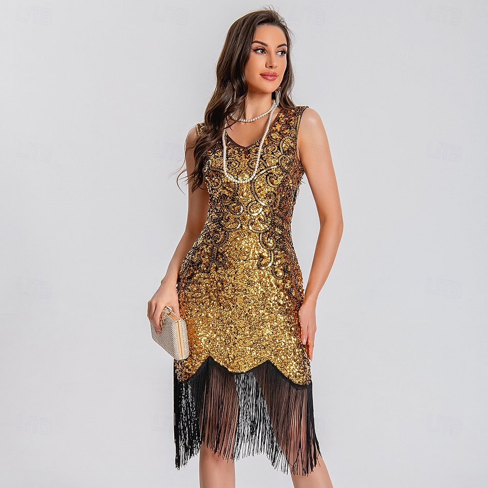 Retro vintage Roaring jaren '20 Jaren 1920 Boven de knie Tot de knie Flapper jurk Cocktailjurk Mouwloos The Great Gatsby Flapper Girl Pailletten Zoom V-hals Kostuum Dames Kerstmis Carnaval Bruiloft 2025 - $41.99 –P7