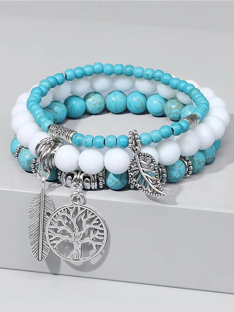 Set di bracciali da donna in stile boho con perline turchesi, con ciondolo a forma di albero della vita e piuma, elastico, perline in pietra naturale, adatti per abbigliamento casual, feste e regali. del 2025 a $9.99 –P3
