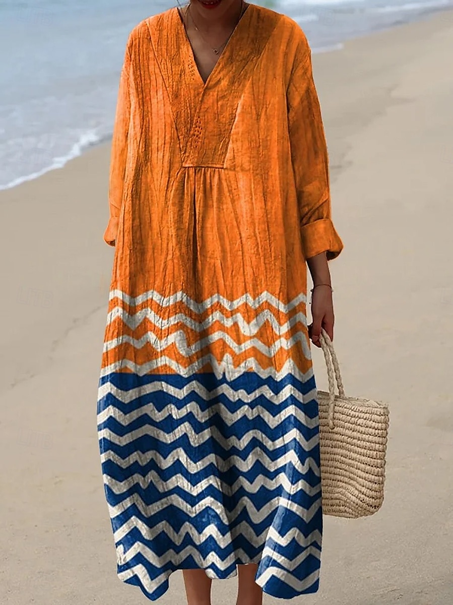 Damen Maxikleid Sommerkleid A Linie Kleid Urlaub Lässig Boho Party Ausgehen Strand Grafik Geometrisch Langarm V Ausschnitt Gelb Purpur Orange Sommer Frühling Herbst 2025 - $35.99 –P3