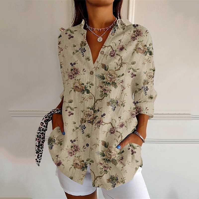 Femmes Chemise Imprimé ancien Élégant manche longue Col en V Hauts Réguliers Quotidien Fête Sortir Boutons Imprimé Noir Bleu Kaki Gris Été de 2025 ? $24.99 –P4