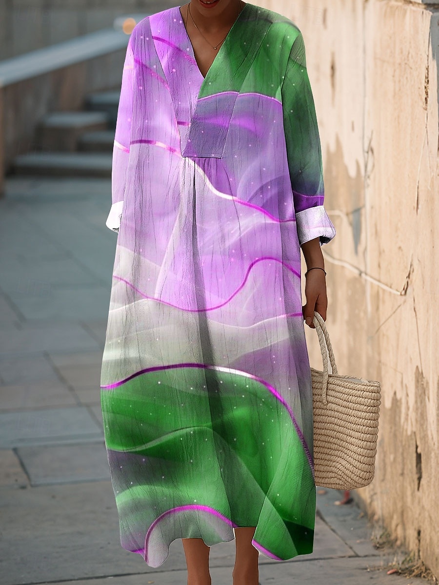 Naisten midi-mekko V-pääntie pitkähiha kaftaani kevyt löysä istuvuus A-linjainen mekko rento boho ulos meneminen löysä istuvuus ombre-graafinen pitkähiha V-pääntie sininen vaaleanlila oranssi syksy 2025 - $35.99 –P2