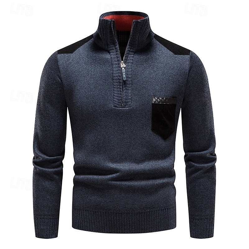 Homens Suéter Pulôver suéter Suéter com zíper de um quarto Estriado Tricotar Tops regulares Tricotado Corte Justo Tecido Gola Alta Roupa de Malha Moderna Casual Roupa Diária Roupa Outono Inverno Azul de 2025 por $27.99 –P5