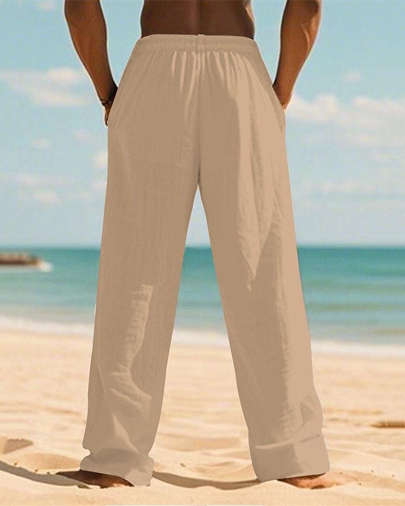 Men's Linen Pants Trousers Summer Pants Beach Pants Pocket Elastic Waist Drawstring Plain Comfort Breathable Vacation Daily Holiday Hawaiian Boho Dark Khaki Black 2025 - $18.99 –P20