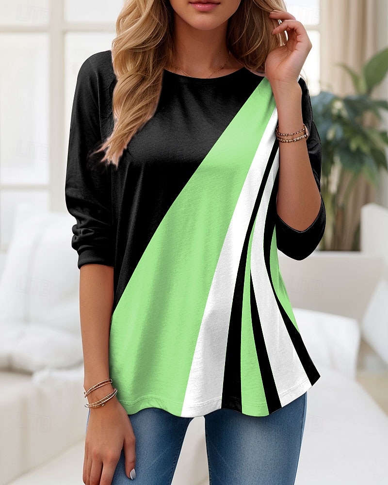 Femmes T-shirt Graphique Géométrique Bloc de Couleur ancien Élégant Classique manche longue Col ras du cou Col rond Hauts Réguliers Quotidien Imprimé Rose Claire Bleu Violet Vert Gris Été Printemps de 2025 ? $22.99 –P4