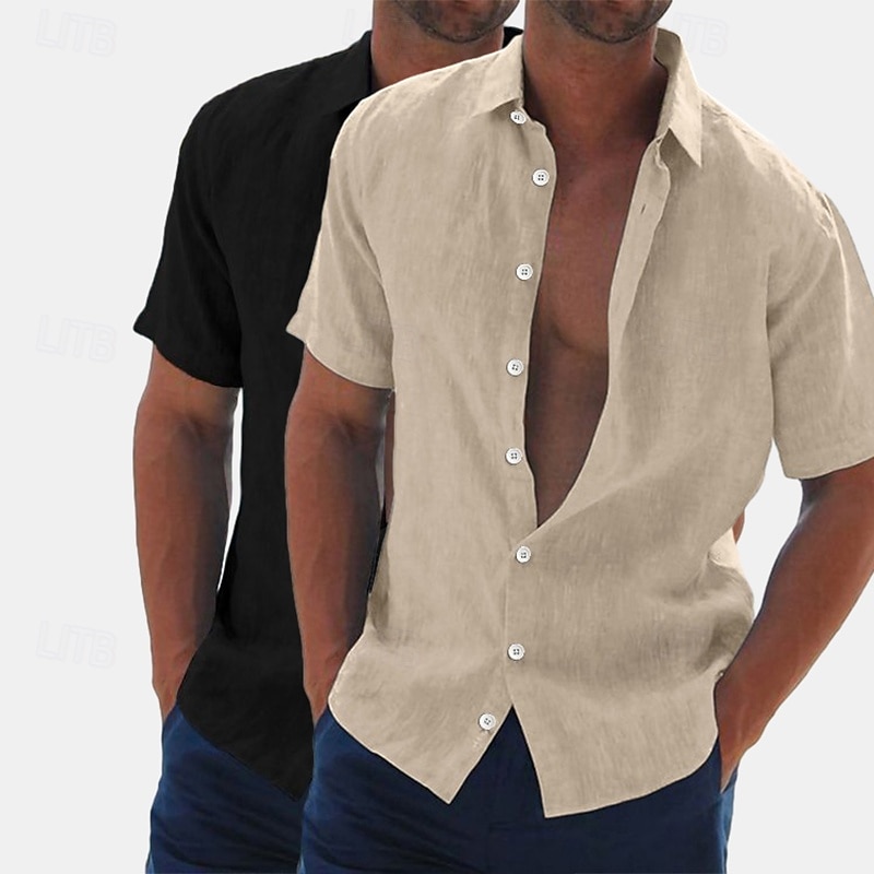 Herren Leinenhemd Sommerhemd Strandbekleidung Knopfhemd Hemden zum Herausstecken Einfarbig Urlaub Kreuzfahrt Grün + grau Weiß + Khaki Khaki + Schwarz Grün+Khaki Kurzarm Umlegekragen Sommer Bekleidung 2025 - $27.99 –P9