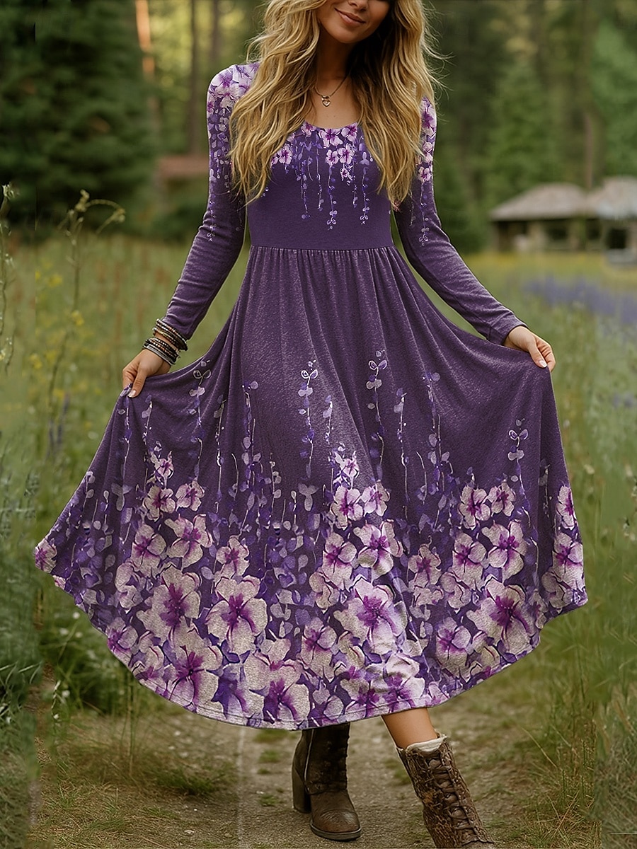Női Maxiruha Fit and Flare ruha Szabadság Alkalmi Boho Parti Napi Alkalmi Normál Virágos Pöttyös Hosszú ujj Terített nyak Medence Égszínkék Bíbor Ősz Tél 2025 - $36.99 –P1