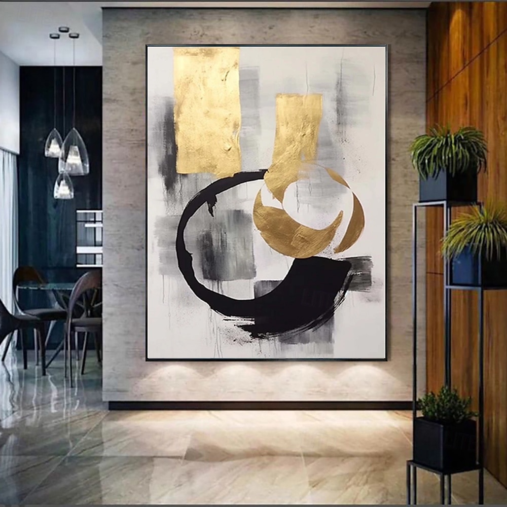 handgefertigtes Ölgemälde auf Leinwand, Wandkunst, Dekoration, schwarz-weiß, schlicht, abstrakt, Goldfolien-Applikation für Heimdekoration, gespannter Rahmen, hängendes Gemälde/gerolltes rahmenloses, 2025 - $54.99 –P2