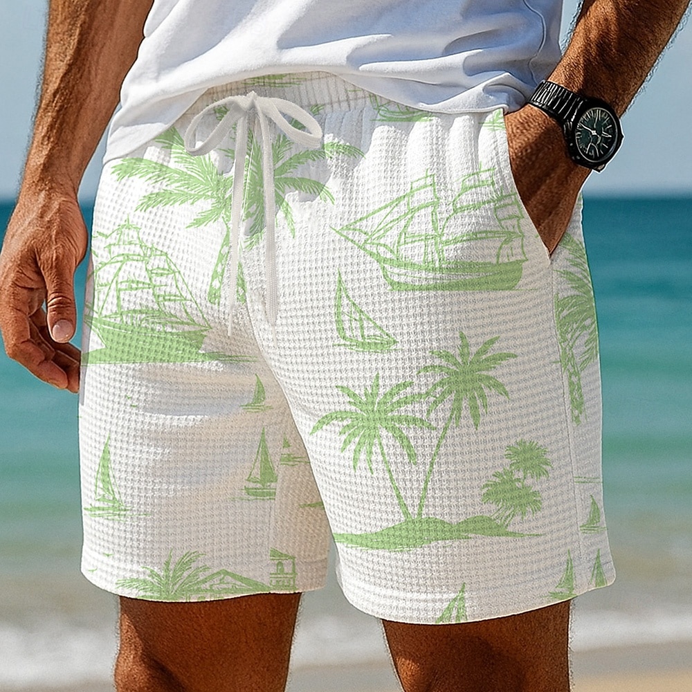 Herre Kokosnøttre Seilbåter Tropiske planter Vaffelshorts Svette shorts Casual shorts Medium Midje Hawaiisk Feriereise Jogging Trening Elastisk snøring i midjen Shorts med lommer Designer Klær 2025 - $21.99 –P2