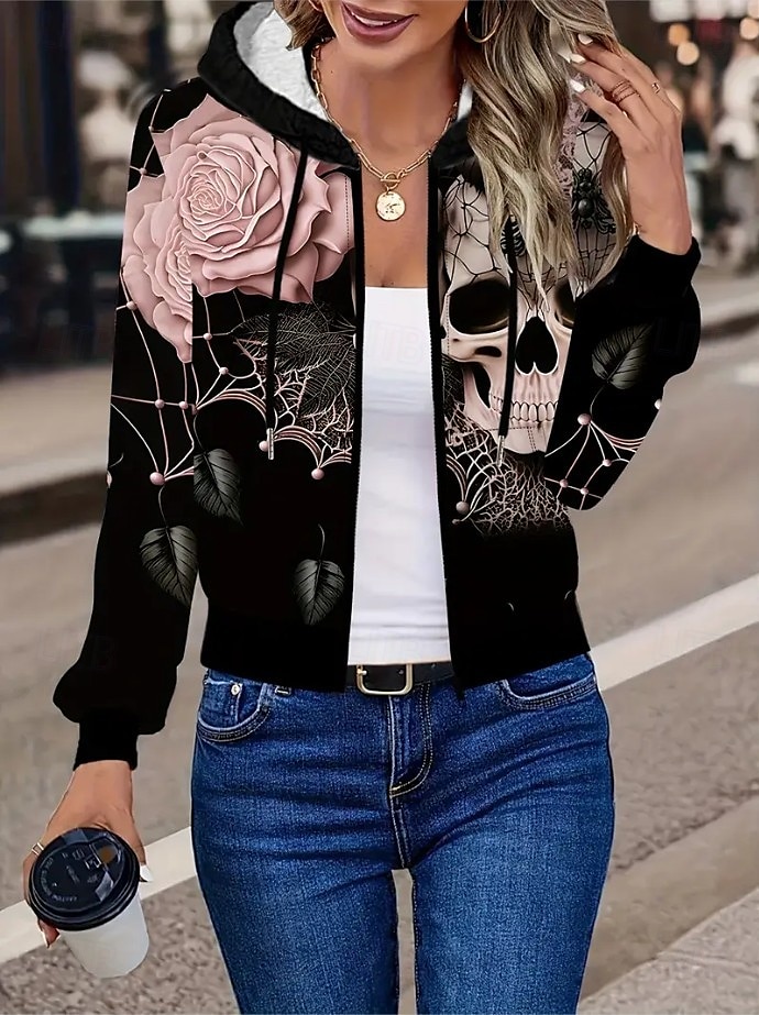 Sudaderas de mujer de Halloween con gráfico de calavera activas vintage de deportes de manga larga con capucha tops regulares casual vacaciones con cremallera con cordón negro primavera otoño 2025 - $26.99 –P1