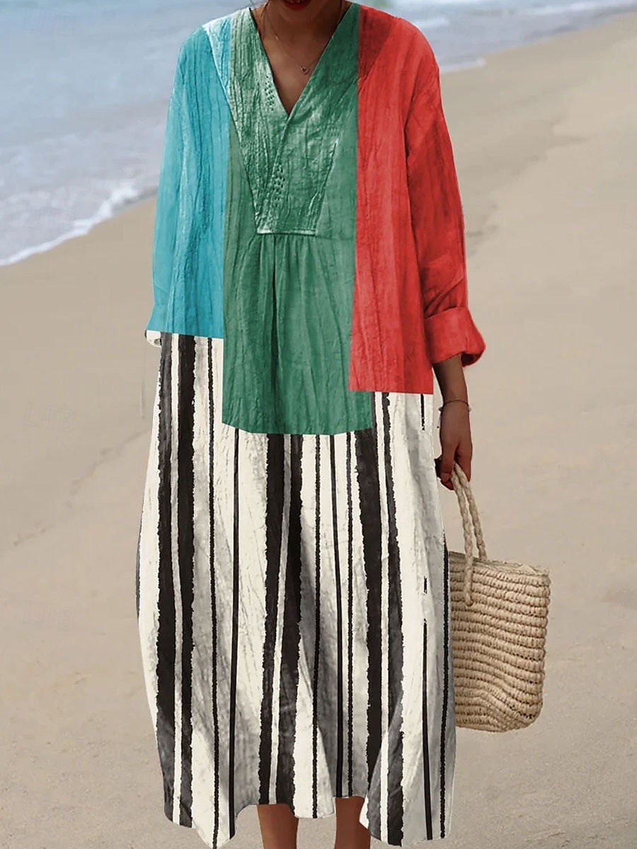 Damen Midikleid Sommerkleid A Linie Kleid Urlaub Lässig Boho Party Strand Lässiger Schnitt Grafik Geometrisch Langarm V Ausschnitt Gelb Rosa Blau Orange Sommer Frühling Herbst 2025 - $35.99 –P4