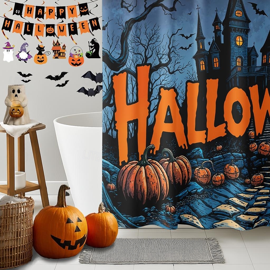 κουρτίνα ντους για το Halloween με γάντζους, πλενόμενη αδιάβροχη διακόσμηση μπανιέρας μπάνιου με πολυεστέρα 2025 - $19.99 –P4