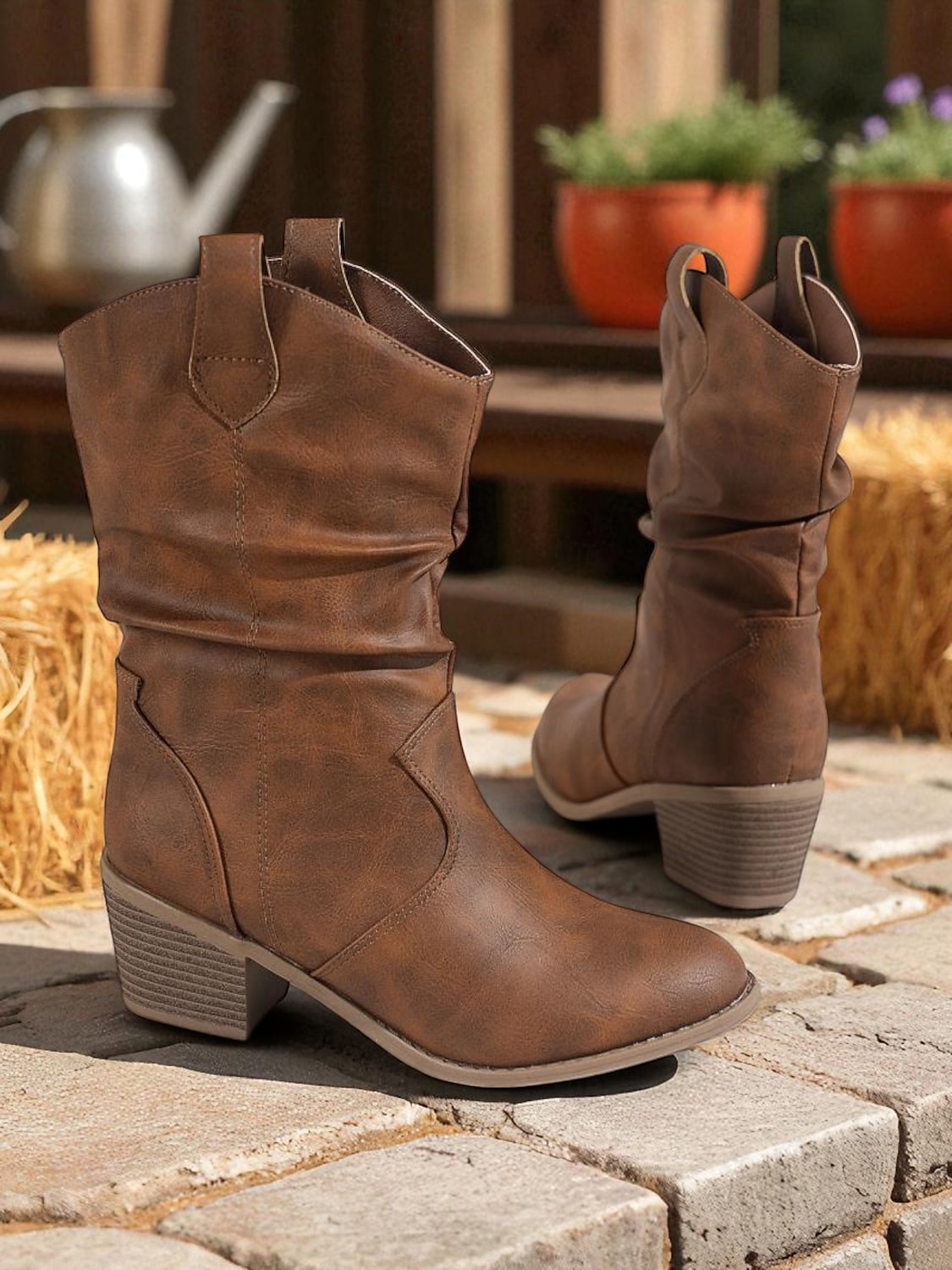 Dámské hnědé volné kozačky do půli lýtek s úzkým podpatkem – boty z umělé kůže ve vintage westernovém stylu na venkovské outfity, návštěvy farem a podzimní festivaly 2025 - $42.99 –P1