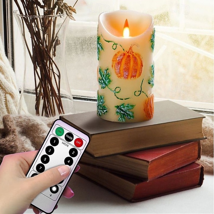 1/2 paquet 15 * 7cm bougie électronique de simulation LED en relief bougie en cire de paraffine tête de flamme vacillante Halloween Thanksgiving en forme de citrouille lumière d'ambiance de fête de 2025 ? $14.99 –P10