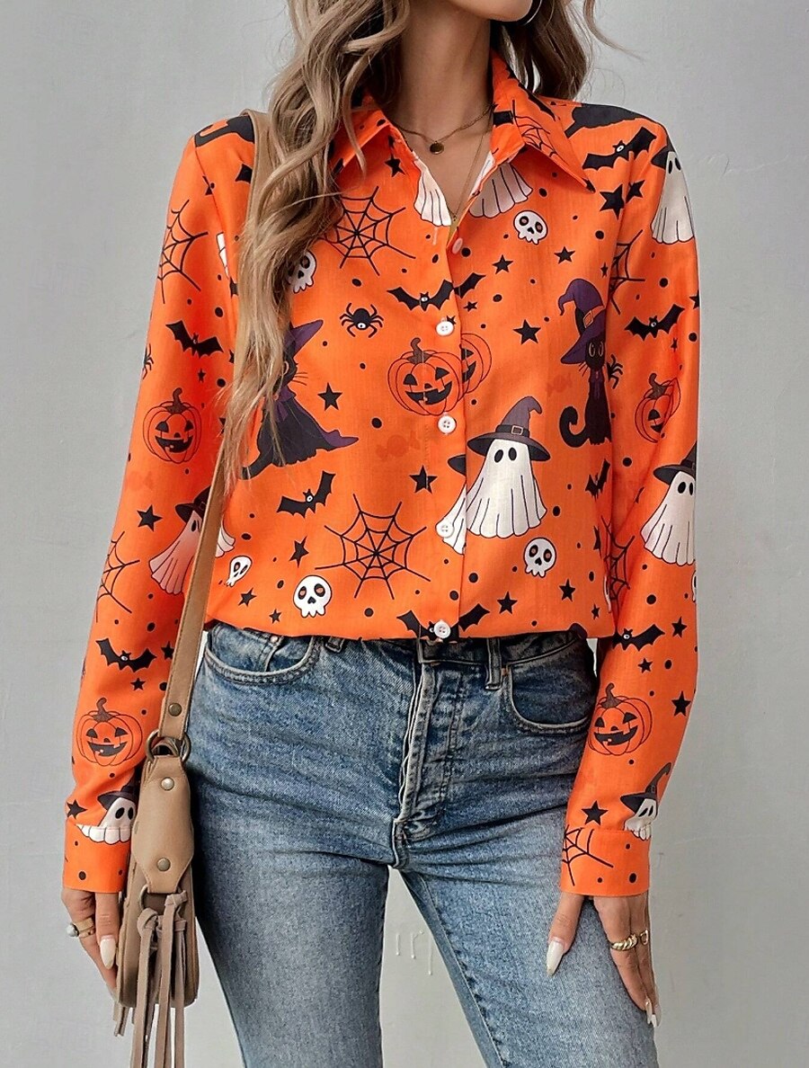Halloween Women's Shirt Graphic Pumpkin Ghost Elegant Vintage Tropical Long Sleeve Bishop Sleeve Shirt Collar Regular Tops Daily Holiday Print Black Orange Summer Spring Fall 2025 - $32.99 –P4