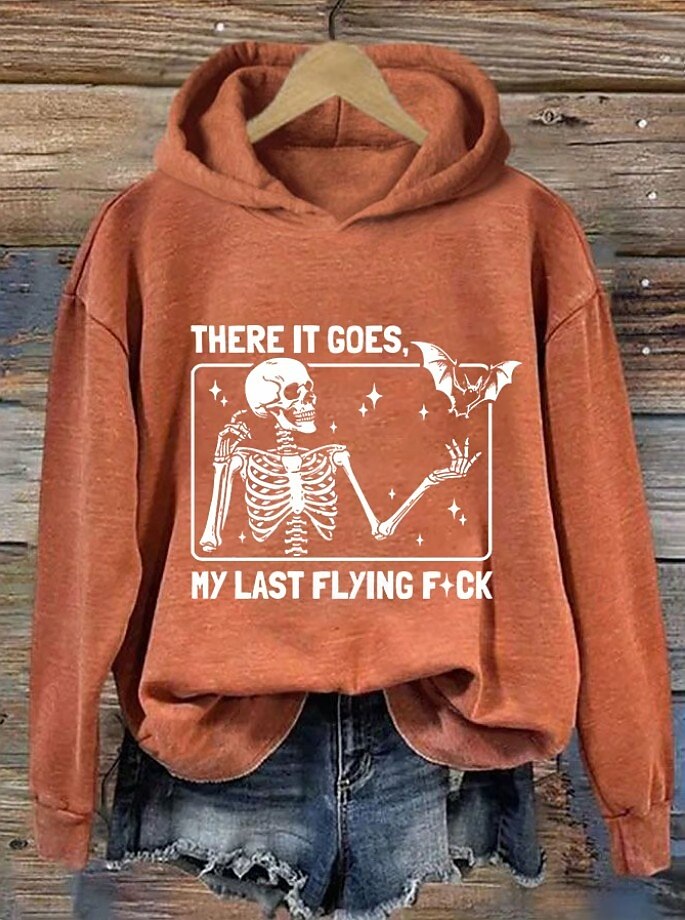 Sweat à capuche pour femme « There it goes my last flying f*ck » avec motif tête de mort, imprimé décontracté, manches longues, style urbain, cordon de serrage, automne-hiver de 2025 ? $24.99 –P1