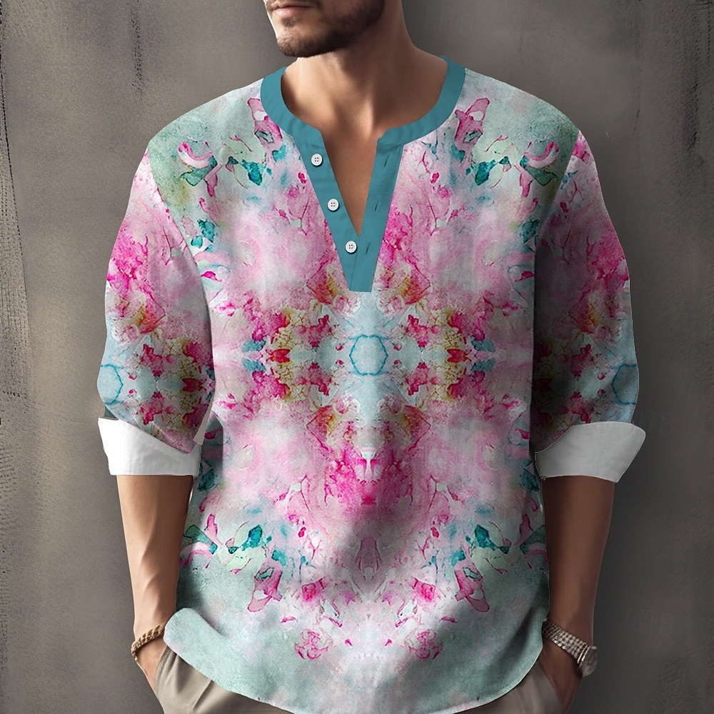 Herr Lutning Blomtryck Blommor Skjorta Henleytröja Tunika Långärmad Etnisk Boho Utomhus Semester Dagligen Sommar Vår V-hals Knappen uppåt 3D-utskrift Linne som skjorta Grön 2025 - $25.99 –P1