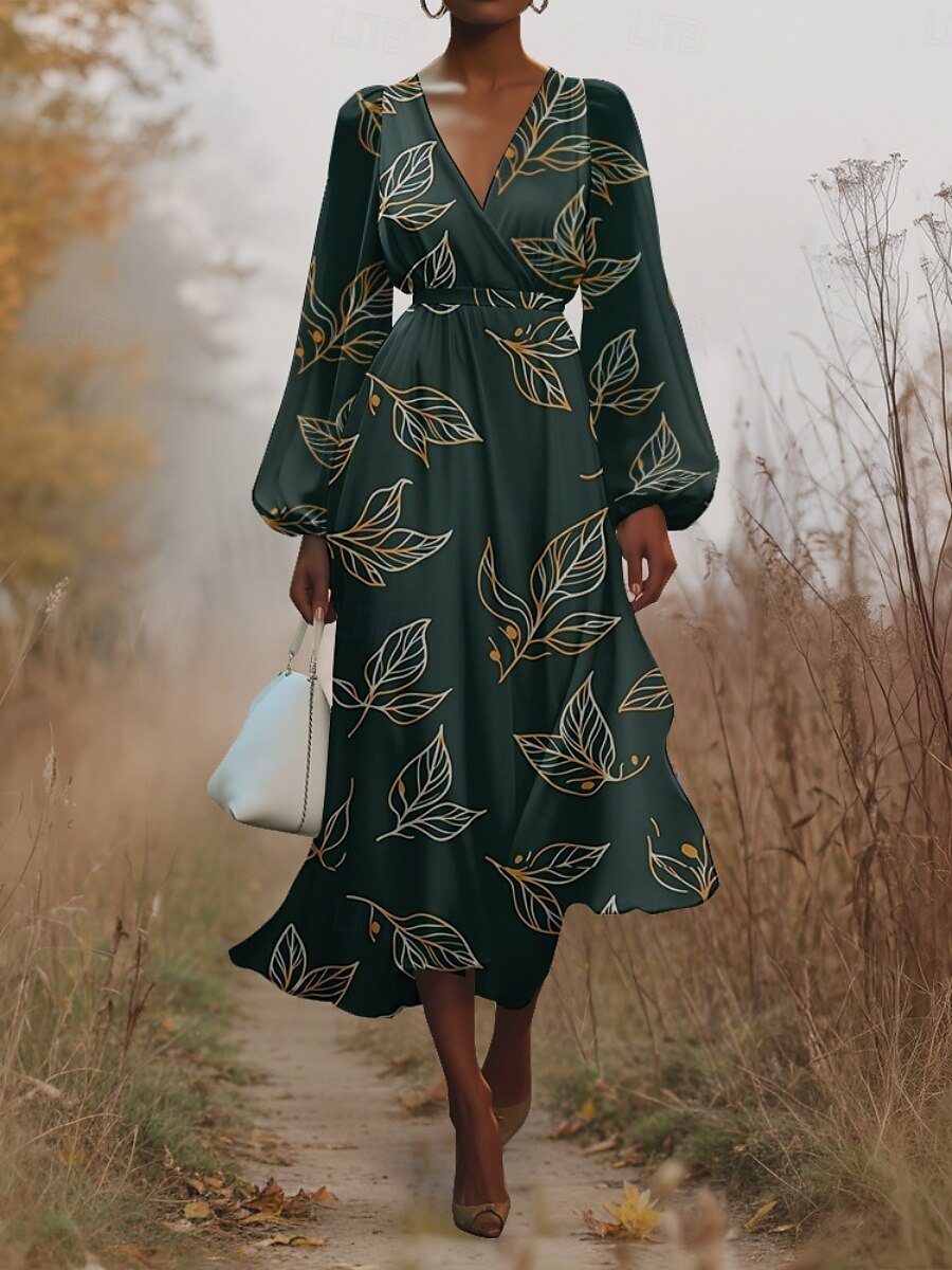 Women's Midi Dress Casual Dress Chiffon Swing Dress Modern Vacation Daily Weekend Regular Fit Floral Long Sleeve V Neck Blue Green Dark Blue Summer Spring Fall Autumn 2025 - $31.99 –P1