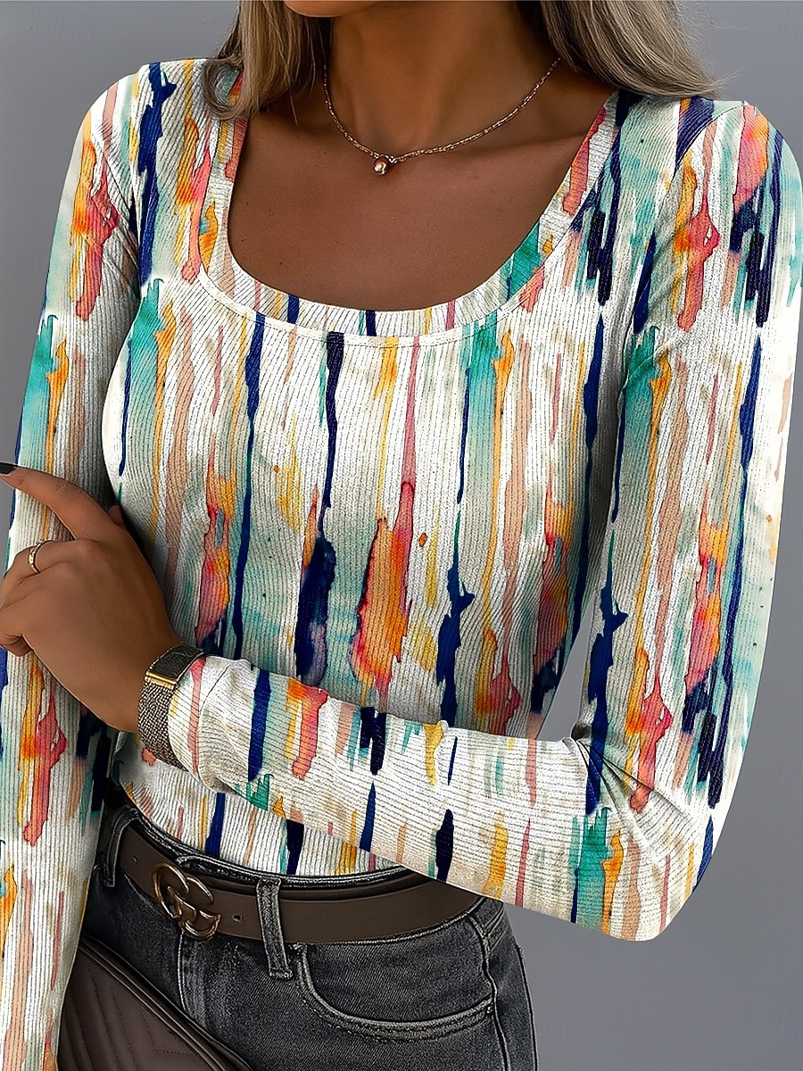 Maglietta da donna a maniche lunghe a costine grafica geometrica scollo quadrato casual classica regolare stampa quotidiana bianca verde chiaro verde scuro arancione khaki primavera autunno del 2026 a $26.99 –P5