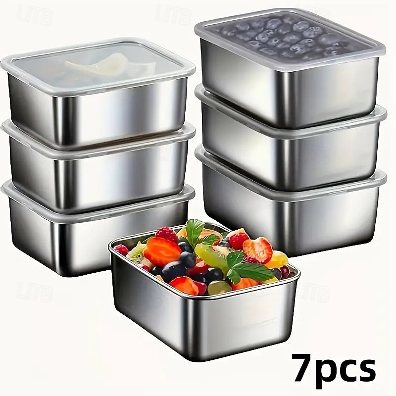 Contenitori per alimenti in acciaio inossidabile da 7 pezzi con coperchi a scatto, scatole per la preparazione dei pasti impilabili a prova di perdite per campeggio, picnic, casa, ufficio e pranzo a del 2025 a $7.99 –P1