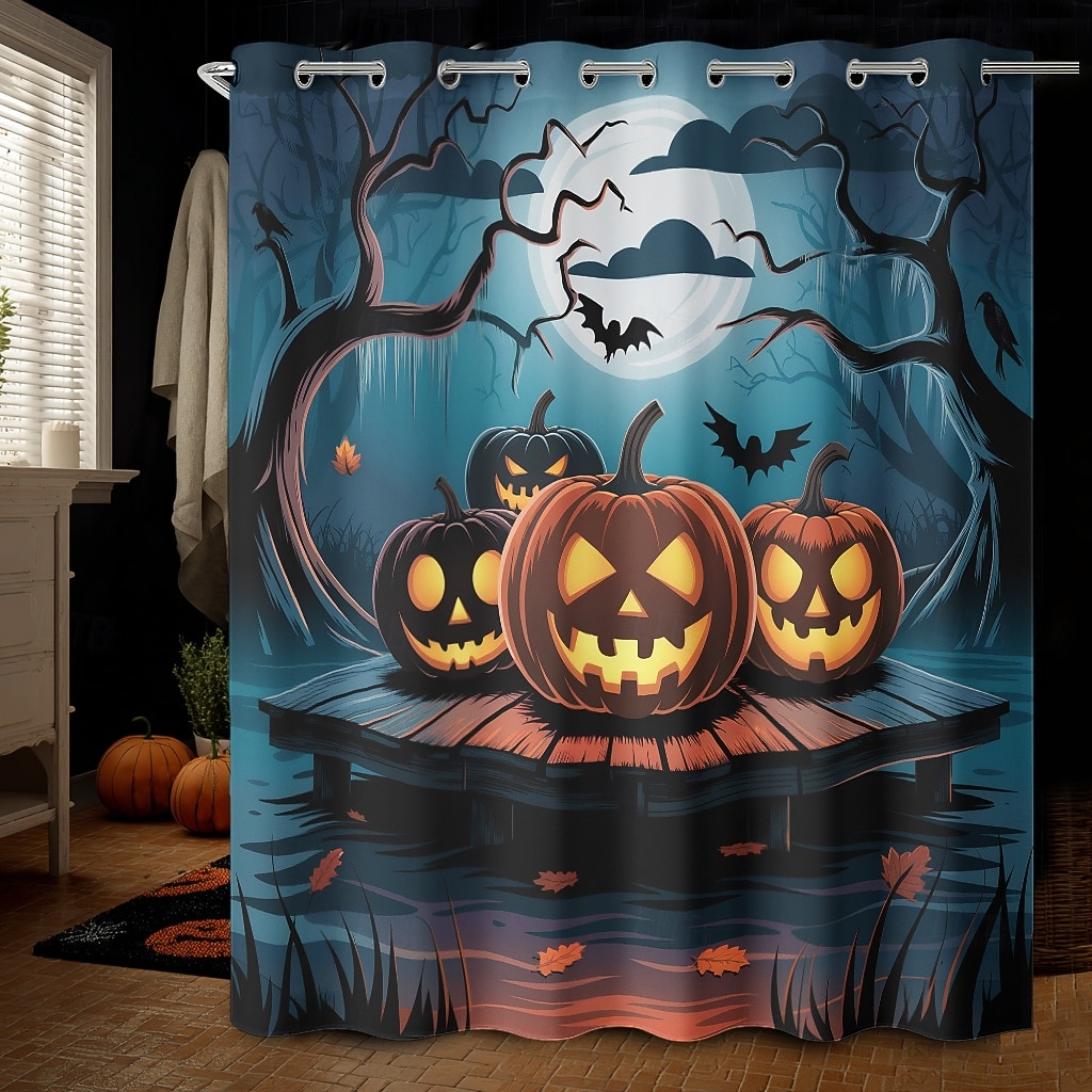 Halloweenský sprchový závěs s háčky, polyesterový, pratelný, voděodolný, vzorovaný, koupelnová vana, dekorace 2025 - $21.99 –P2