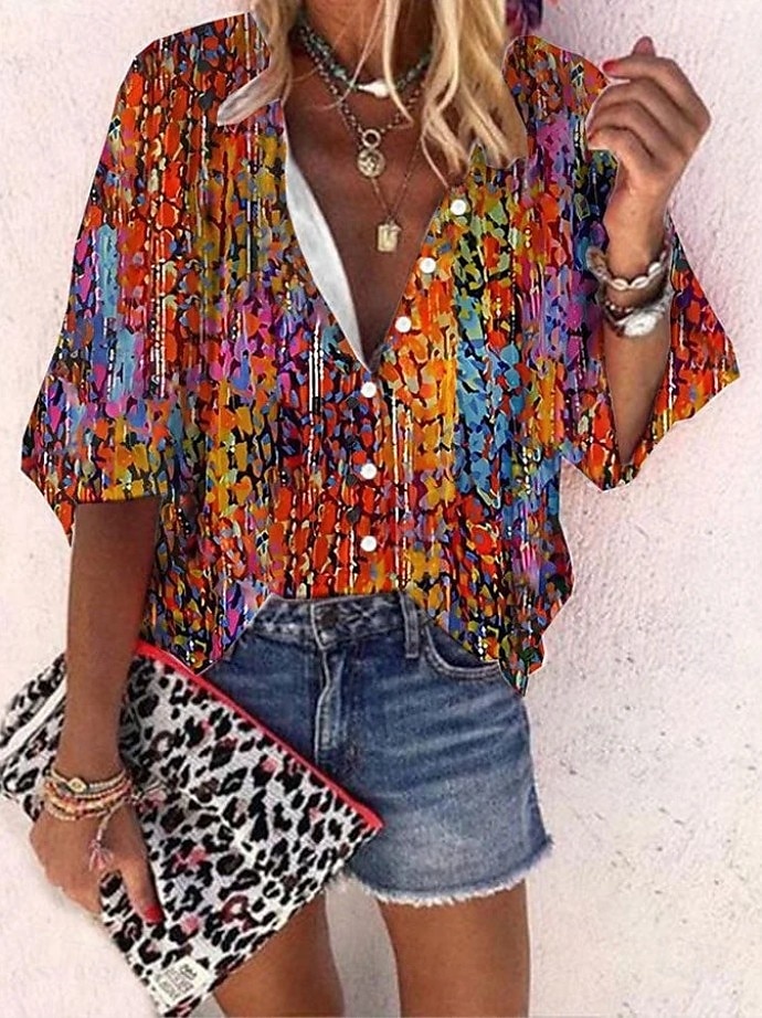 Dame Bluse Grafisk Geometrisk Fargeblokk Elegant Daglig Stilfull 3/4 ermer Halvlange ermer V-hals Høyhalset Vanlige topper Knapper Trykt mønster Marineblå Blå Fuksia Oransje Sommer Vår 2025 - $34.99 –P4