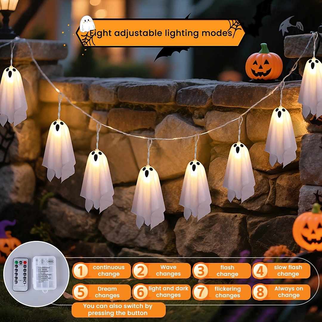 1 Pc Halloween 2.5M 10 luminous hanging ghost ghost light string AAA waterproof battery box 8 function remote control indoor and outdoor courtyard party Halloween atmosphere decoration light 2025 - $20.99 –P6
