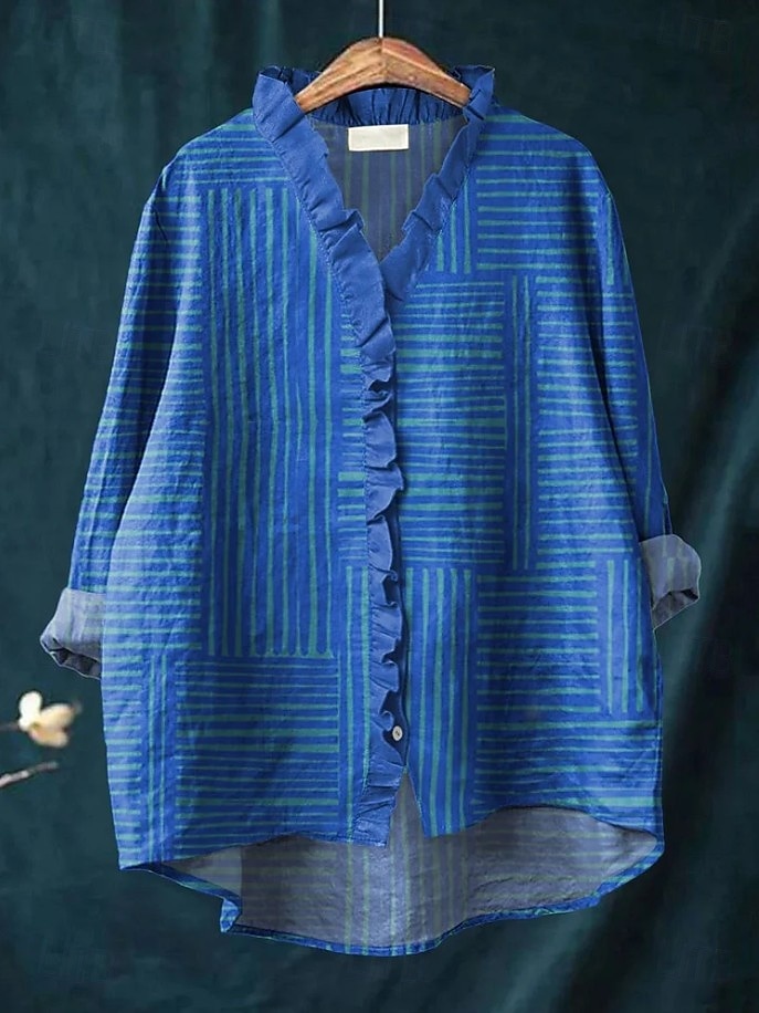Dámské Boho košile Grafika Geometrický Elegantní Čechy Aktivní Do V Běžné topy Denní Dovolená Oblečení na pláž Volány Džínová modrá Žlutá Rubínově červená Vodní modrá Fialová Podzim 2025 - $24.99 –P3
