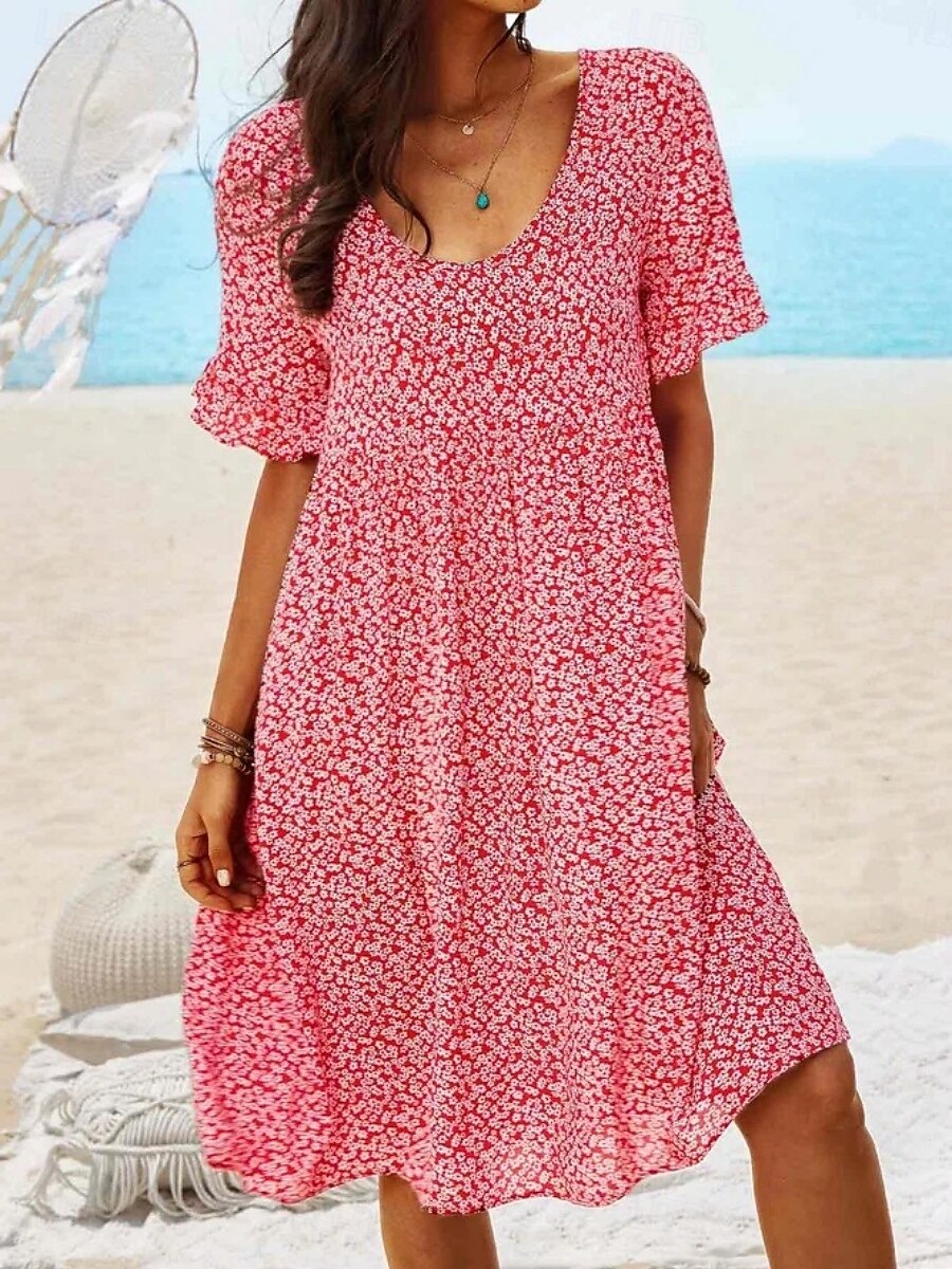 Femmes Mini Robe Robe ajustée et évasée Occasionnel Extérieur Sortir Coupe régulière Fleuri Manche Courte Col Rond Bleu Ciel Jaune Rouge Bleu de minuit Été Printemps de 2025 ? $23.99 –P5