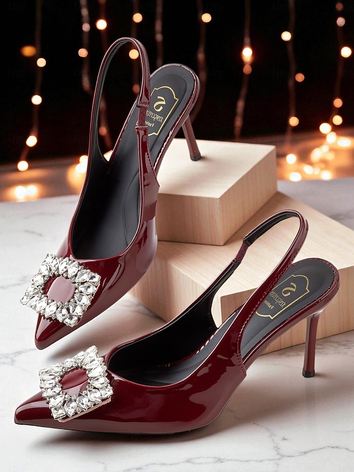 Scarpe con tacco a spillo in vernice bordeaux da donna con cinturino posteriore - stiletti a punta con fibbia in cristallo per eventi formali e cocktail party del 2025 a $32.99 –P4