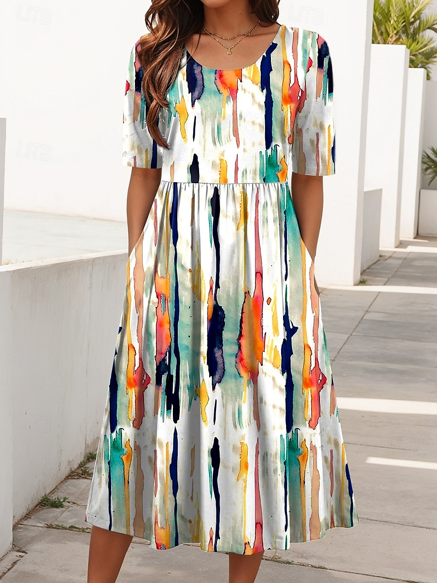 Pentru femei Rochii Midi Rochie de vară Rochie plisata Vacanță Casual Concediu Fit regulat Grafic Geometric Abstract Manșon Jumate Stil Nautic Negru Albastru piscină Portocaliu Trifoi Vară Primăvară 2025 - $31.99 –P2