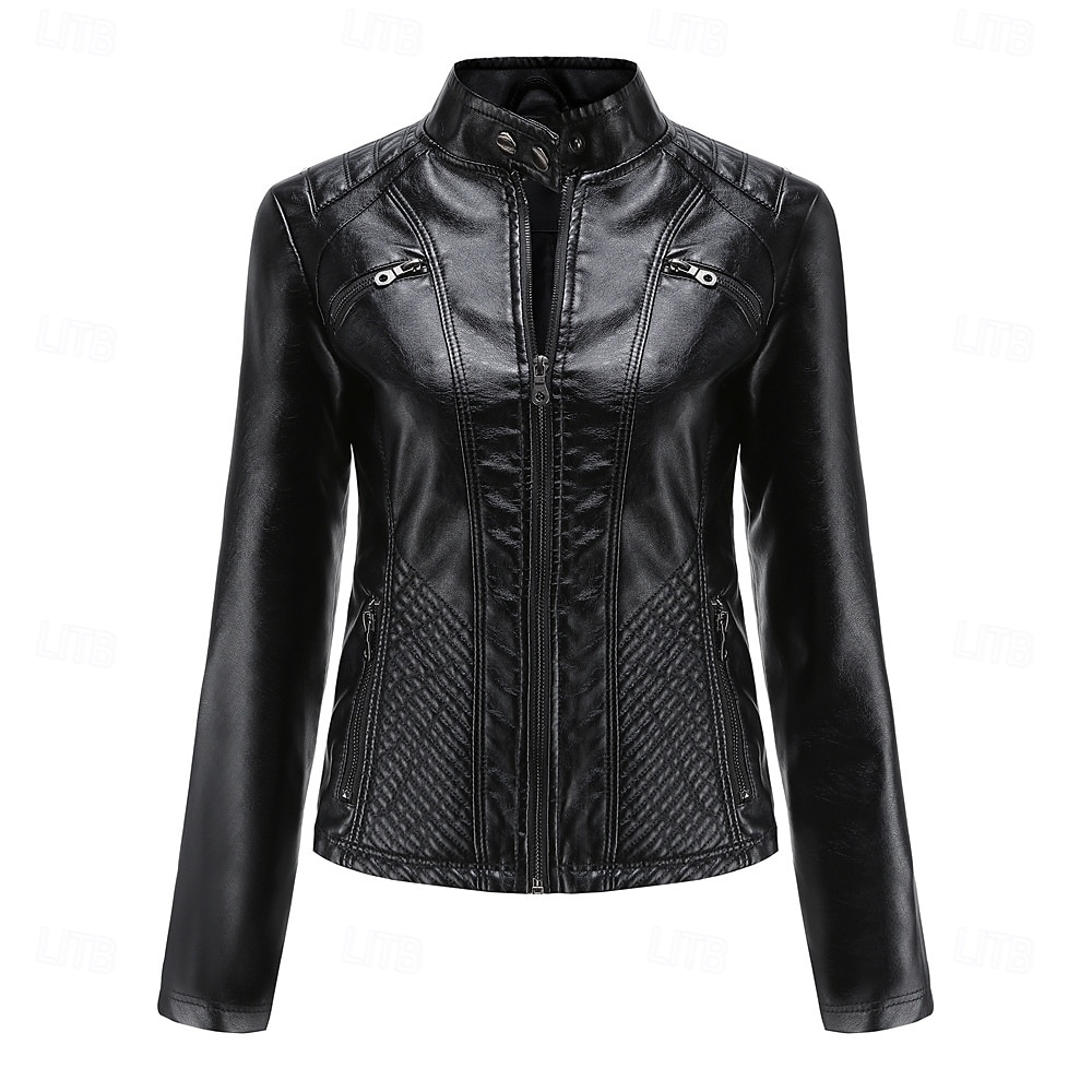 Per donna Giacca in Ecopelle Confortevole Tasca Cerniera completa Moda Stile da Strada Semplice All'aperto Casual Quotidiano Regolare Collo alla coreana Vestibilità regolare Manica Lunga Capispalla del 2025 a $48.99 –P9