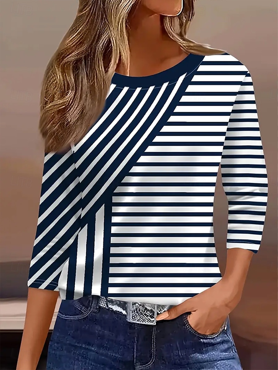 Pâques Femmes T-shirt Graphique Géométrique Rayé ancien Mode Élégant manche longue Col ras du cou Col rond Hauts Réguliers Quotidien Imprimé bleu marine Été Printemps Automne de 2025 ? $22.99 –P1