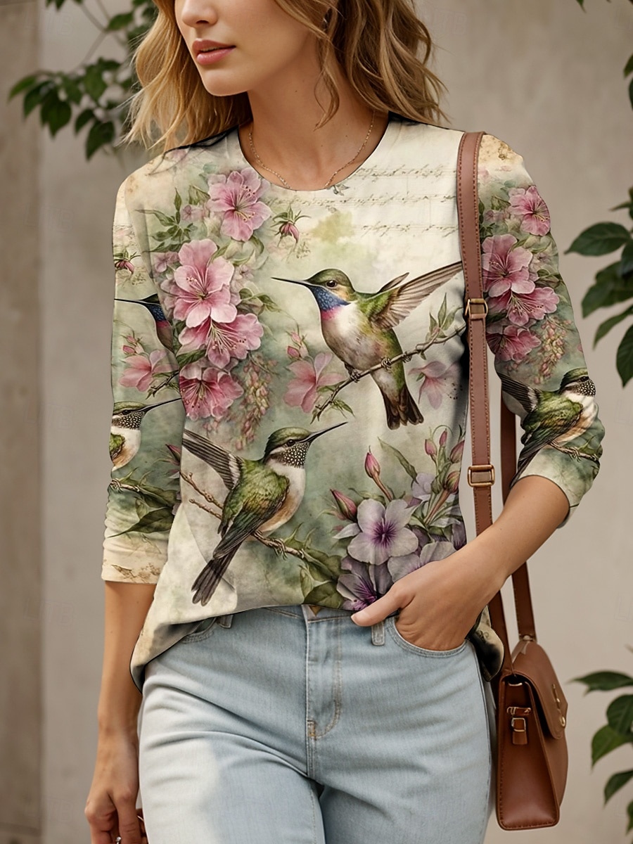 Femmes T-shirt Fleuri Graphique Oiseau ancien Élégant Classique manche longue Col ras du cou Col rond Hauts Réguliers Quotidien Week-end Imprimé Rose Claire Rouge Vert Printemps Automne de 2025 ? $22.99 –P4