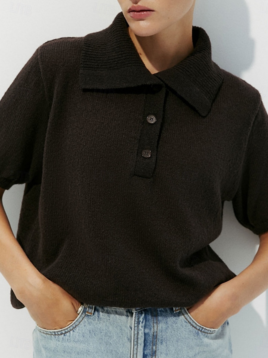 Damen Pullover Lässig Weich Einfarbig Gerippt Hemdkragen Knöpfe Gestrickt Langarm Normale Oberteile Stricken Outdoor Täglich Wochenende Schwarz Weiß Herbst Winter 2025 - $23.99 –P6