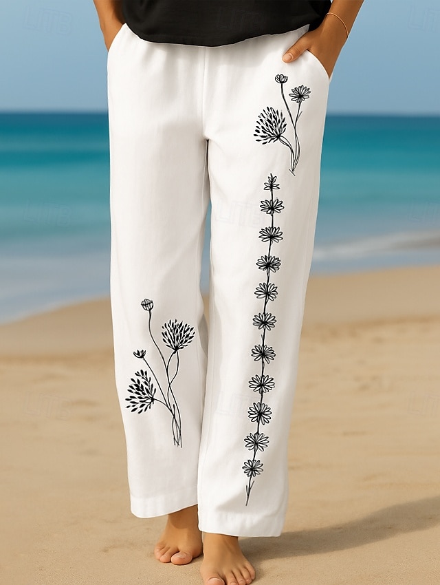 Femmes Culottes Jambe Large Vacances ancien Style Ethnique Longueur complète Taille haute Fleuri Graphique Séchage Rapide Respirabilité Doux Non Elastique Formel Extérieur Vacances Noir Blanche Rose de 2025 ? $24.99 –P2