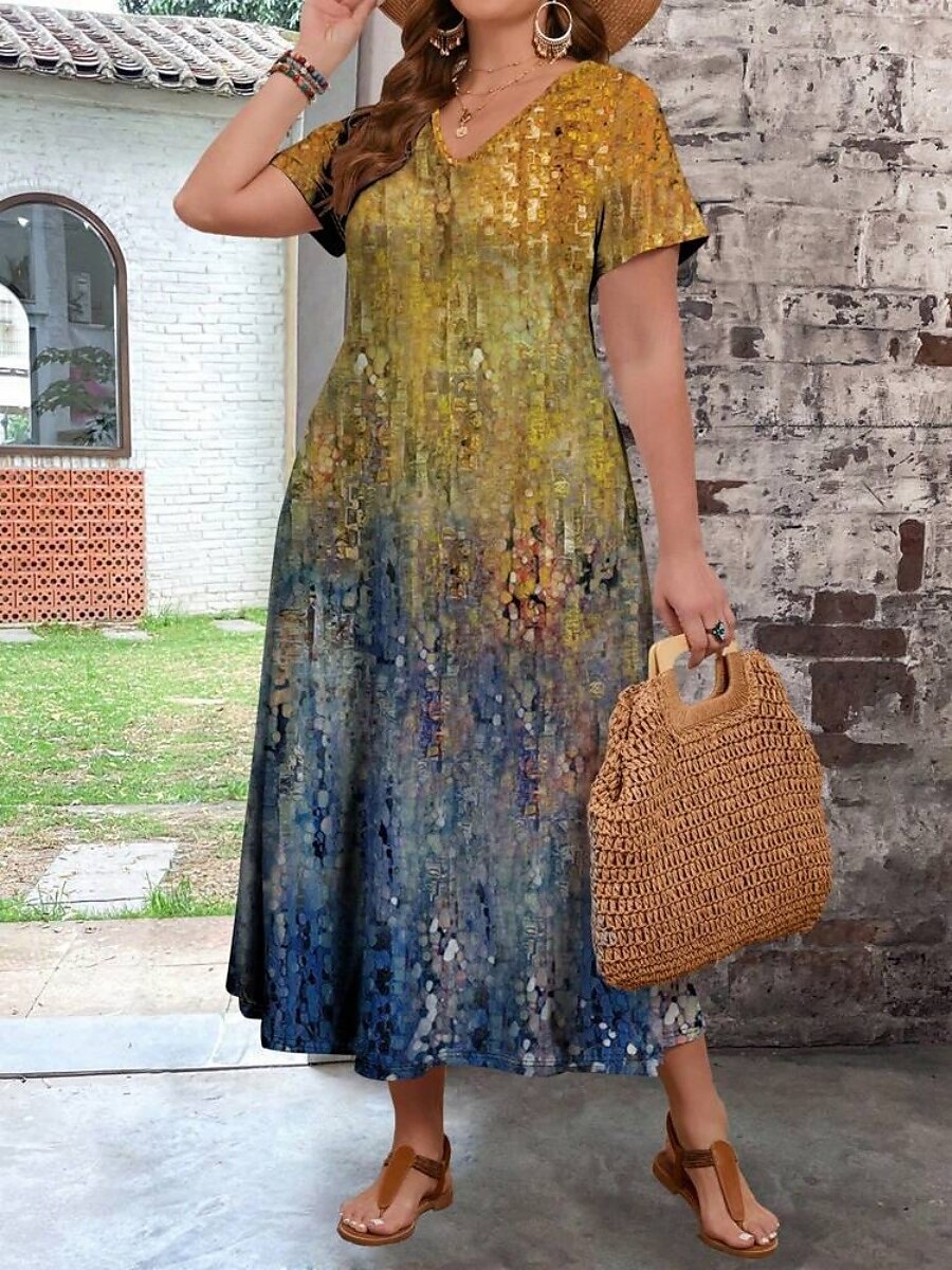Damen Übergröße Freizeitkleid Ombre V Ausschnitt Kurzarm Sommer Frühling Mode Modern Lässig Maxikleid Ferien Wochenende Kleid 2025 - $28.99 –P13