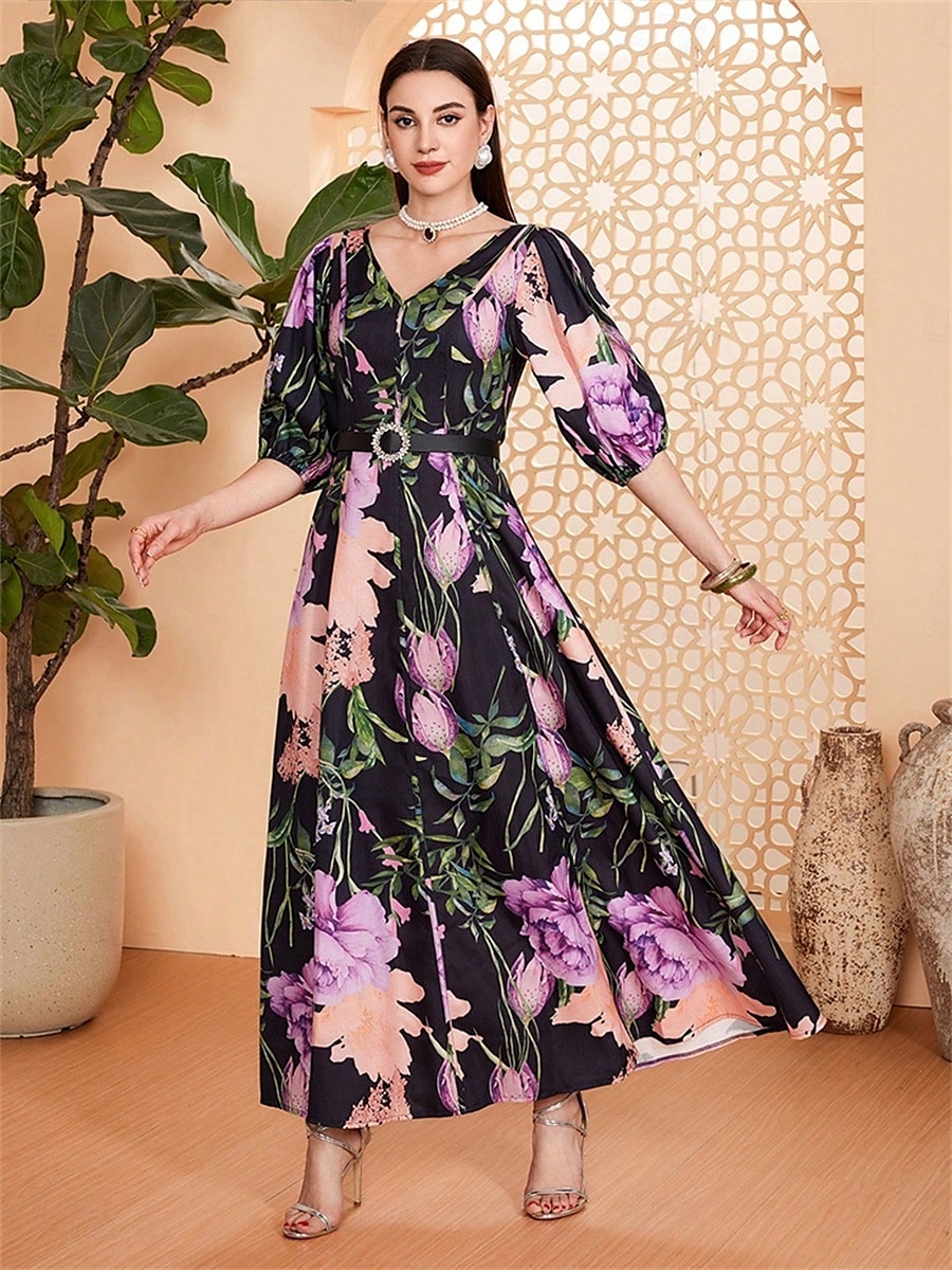 Linea ad A Abito da cerimonia per signora Elegante Scollo a V Lunghezza al pavimento Chiffon Mezza Manica con Fascia / Nastro Pieghe Fiore 2025 del 2025 a $119.99 –P3